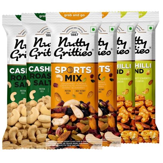 Nutty Gritties Grab And Go Mix Combo | 240g (Each Pouch 40g, Pack of 6) Roasted Salted Cashews, Sports Mix