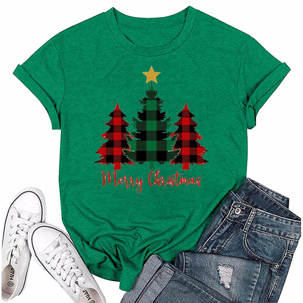 Женский повседневный рождественский принт с короткими рукавами и круглым вырезом, свободный пуловер, топ