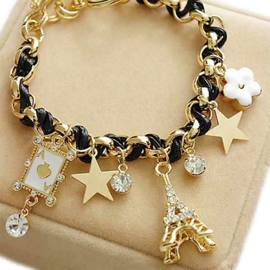 Women Eiffel Tower Stars Flower Poker Pendants Faux Leather Bracelet Jewelry