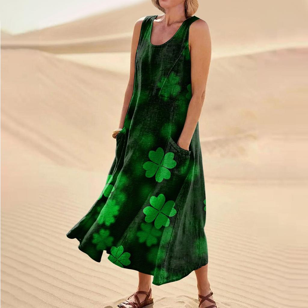Women's Casual Comfort St. Patrick's Day Printed Sleeveless Pocket Dress