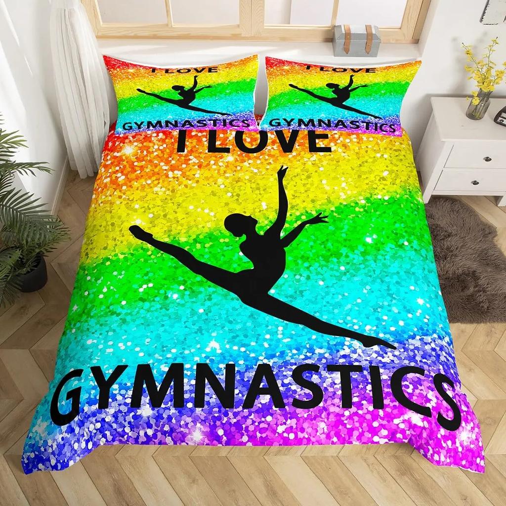Gymnastics Dance Lovers Duvet Cover King,Watercolor Butterfly Star Sky Bedding Set 3pcs,Silhouette Rainbow Graffiti Quilt Cover