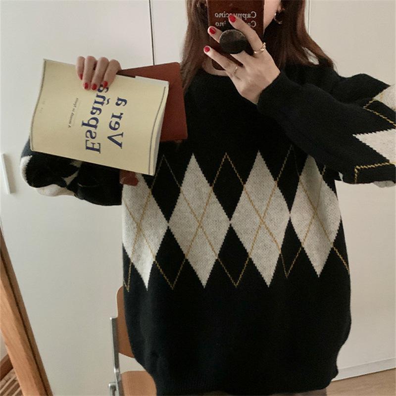 Трендовый женский свитер с ромбовидным узором 2023 - Осенне-зимний ленивый шик, возвышенный дизайн