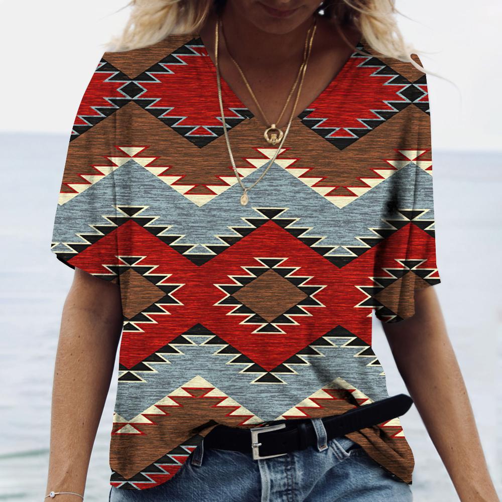 Летние футболки с 3D принтом в этническом стиле, женская модная винтажная уличная футболка с коротким рукавом и v-образным вырезом, футболки, топы, женская одежда