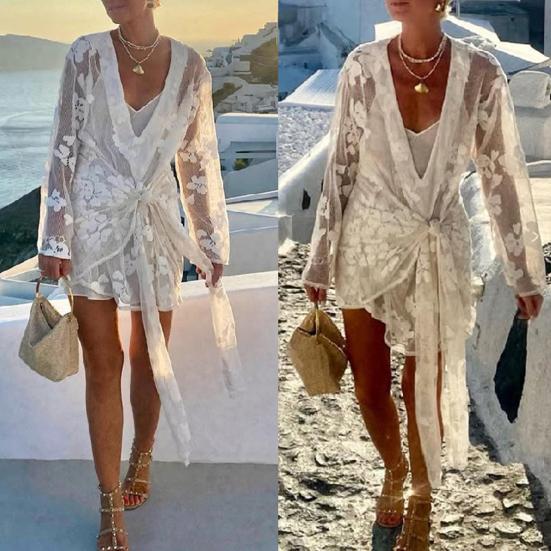 Женская накидка-бикини с V-образным вырезом, длинными рукавами, прозрачная, с вышивкой в виде цветочного узора, кружевной отделкой и шнуровкой.