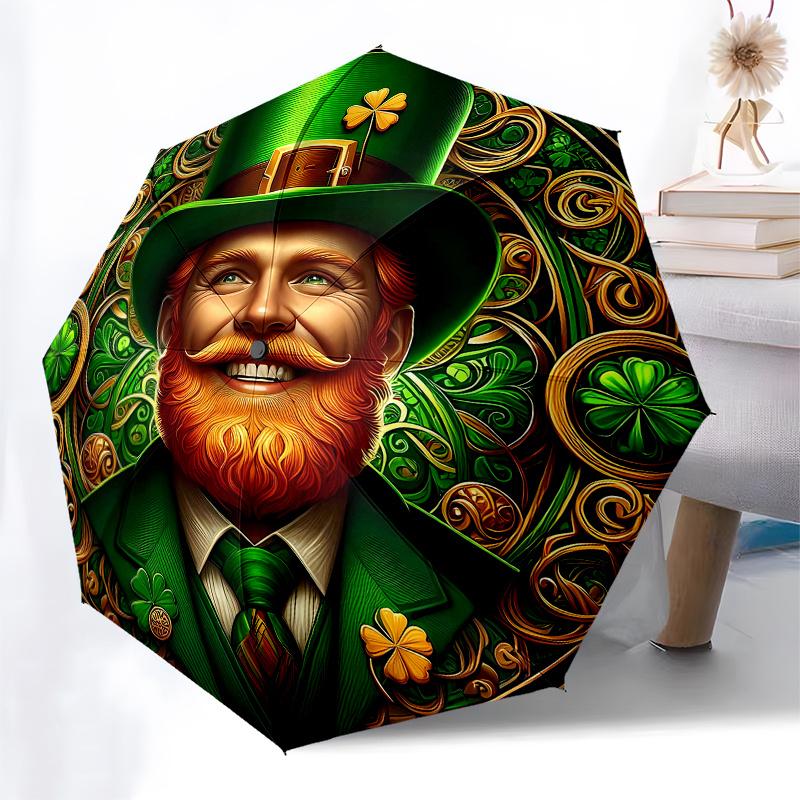 Irish Leprechaun St. Patrick's Day Clover Ornament Decoration Umbrella, Cute Umbrella with Cute Design, Portable 3-Fold Compact Umbrella for Men & Wom