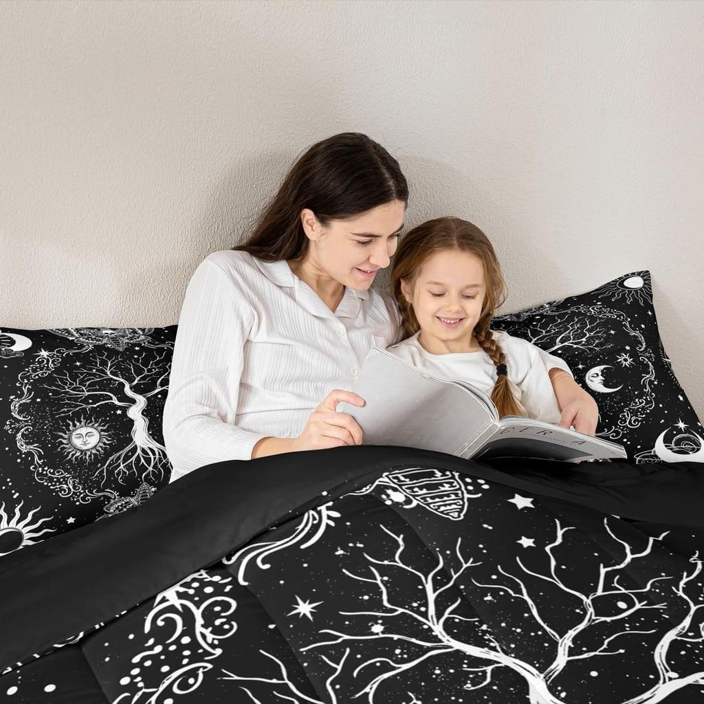 Erosebridal Tree of Life Comforter Set Sun and Moon Bed Sets, Gothic Moth Duvet Trippy Galaxy Stars Quilt Duvet Twin Cosmic Celestial Stars