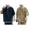 Summer Men Cargo Top Chest Pockets Solid Color Loose Zipper Plus Size Hip Hop Streetwear Plus Size Half Sleeves Half-open Turn-down Collar Mid