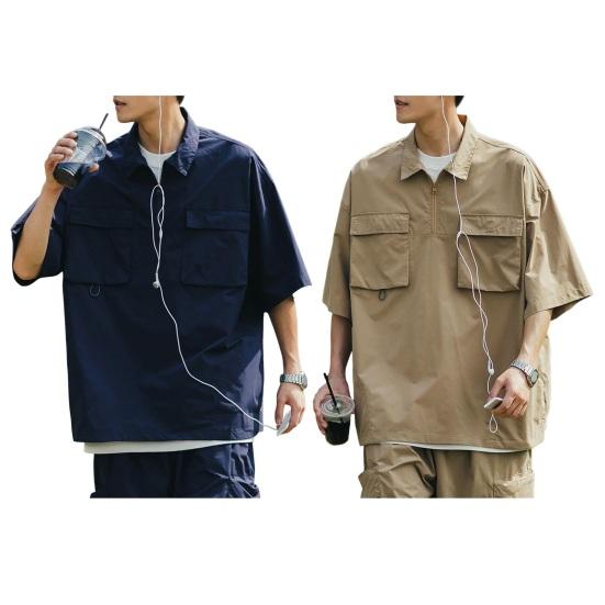 Summer Men Cargo Top Chest Pockets Solid Color Loose Zipper Plus Size Hip Hop Streetwear Plus Size Half Sleeves Half-open Turn-down Collar Mid