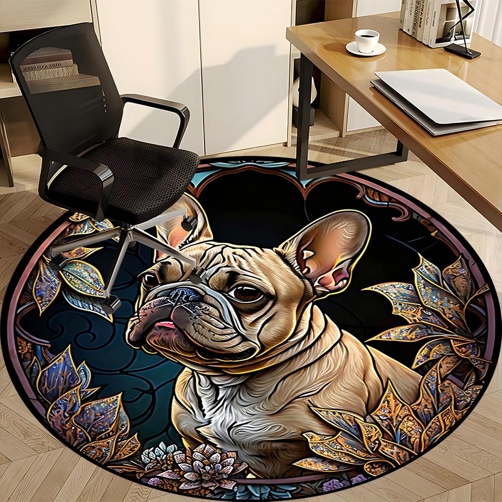 1PC Stained Glass Bulldog Office Round Area Rug,  Mat Suitable ForOffice, Under Office Chairs Bedroom Living Room Home Decor, Room Deco