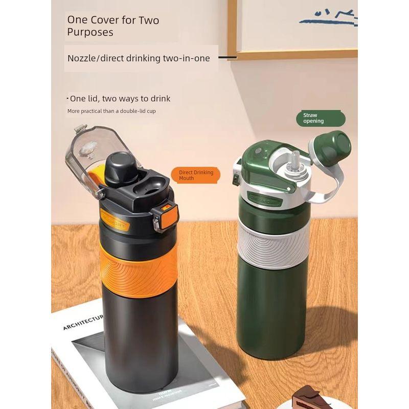 Large-Capacity Thermos Cup with Double Drinking Mouth and Straw, 316 Stainless Steel, Outdoor Portable Cup for Boys and Girls Going to School