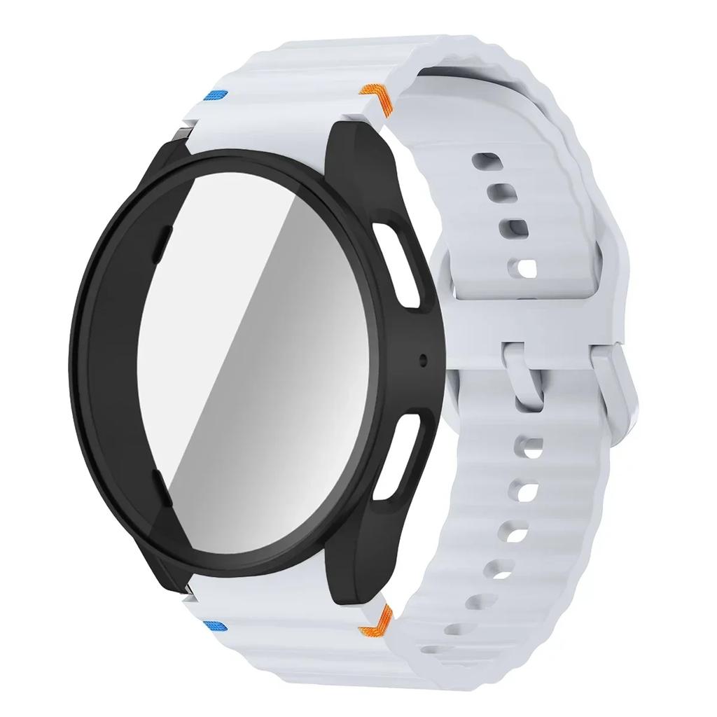 Чехол+Ремешок для Samsung Galaxy Watch 7 6 5 4 40мм 44мм Силиконовый Браслет Защитная Пленка для Экрана из Закаленного Стекла Бампер