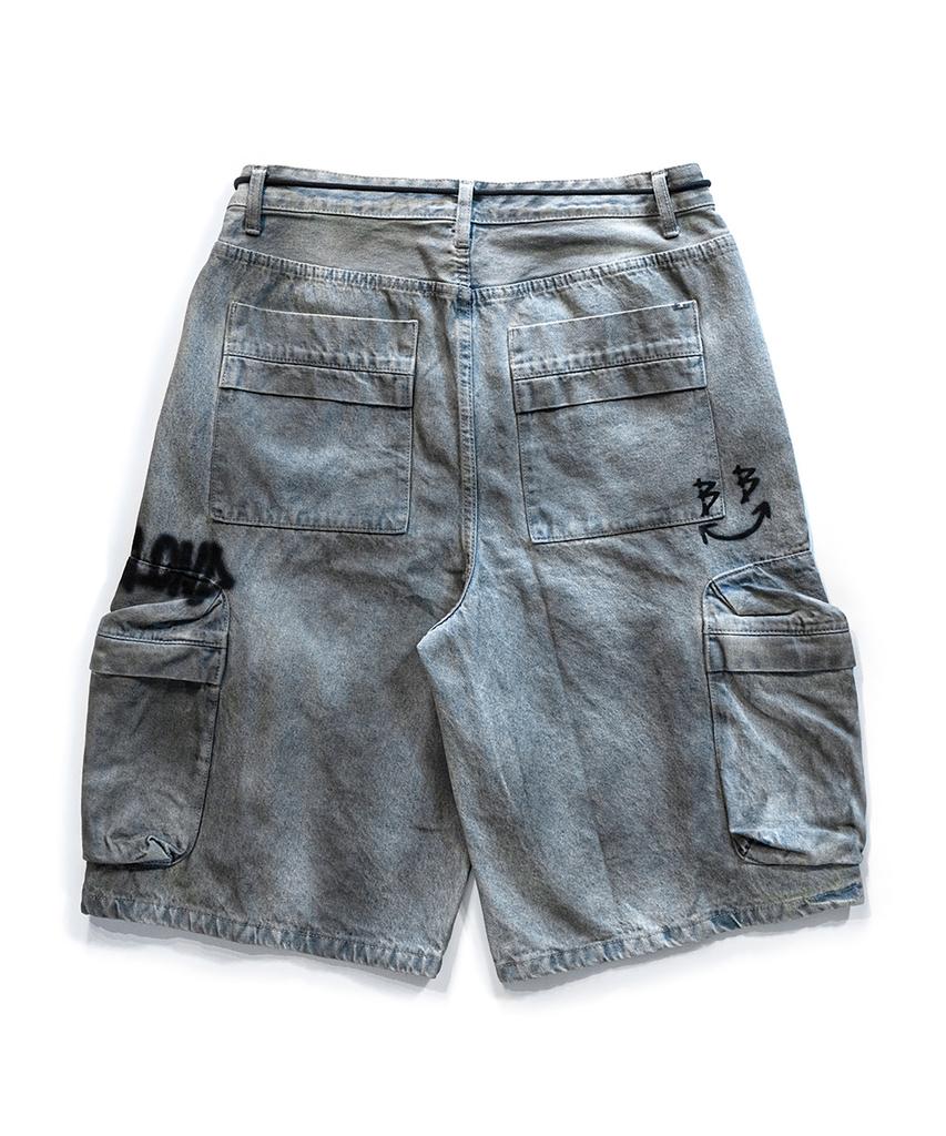 BLACKBLOND Vividi Graffiti Logo Dirty Wash Cargo Shorts (Vintage Blue)
