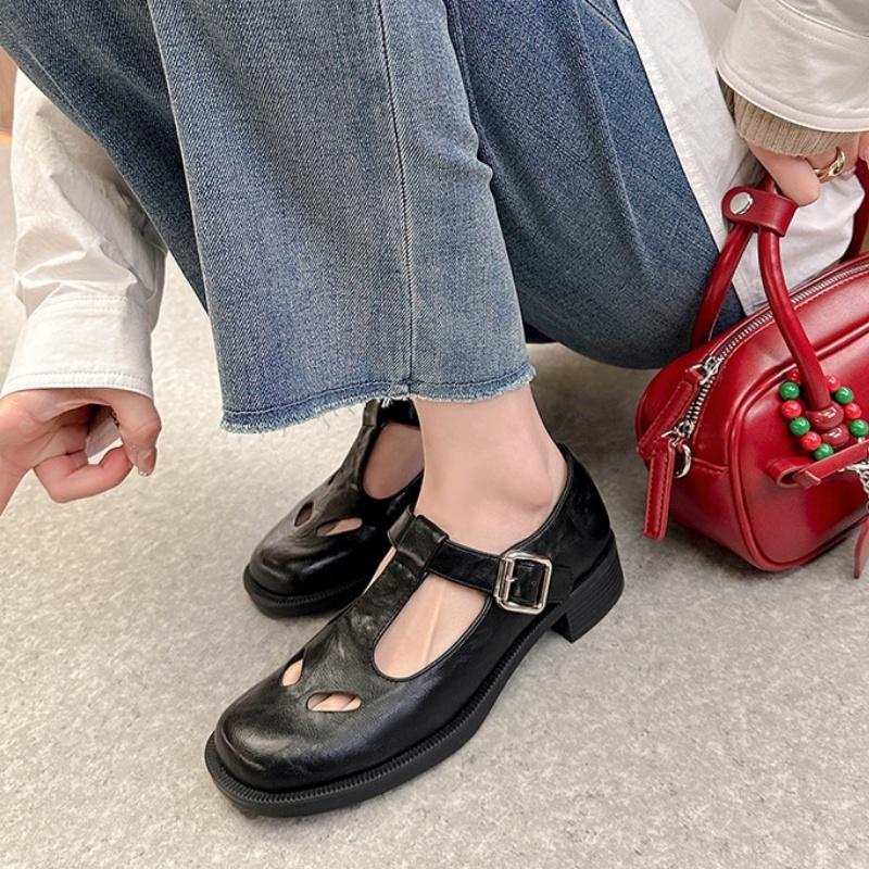 Элегантные туфли на толстом каблуке с ажурным вырезом, весенние женские туфли на плоской подошве 2025, дизайнерские винтажные туфли в стиле колледжа Мэри Джейн для женщин