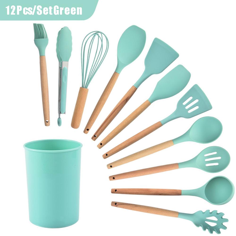 Силиконовые кухонные принадлежности, набор кухонных принадлежностей, антипригарная посуда, лопатка, лопатка, венчики для яиц, деревянная ручка, кухонный набор инструментов для приготовления пищи