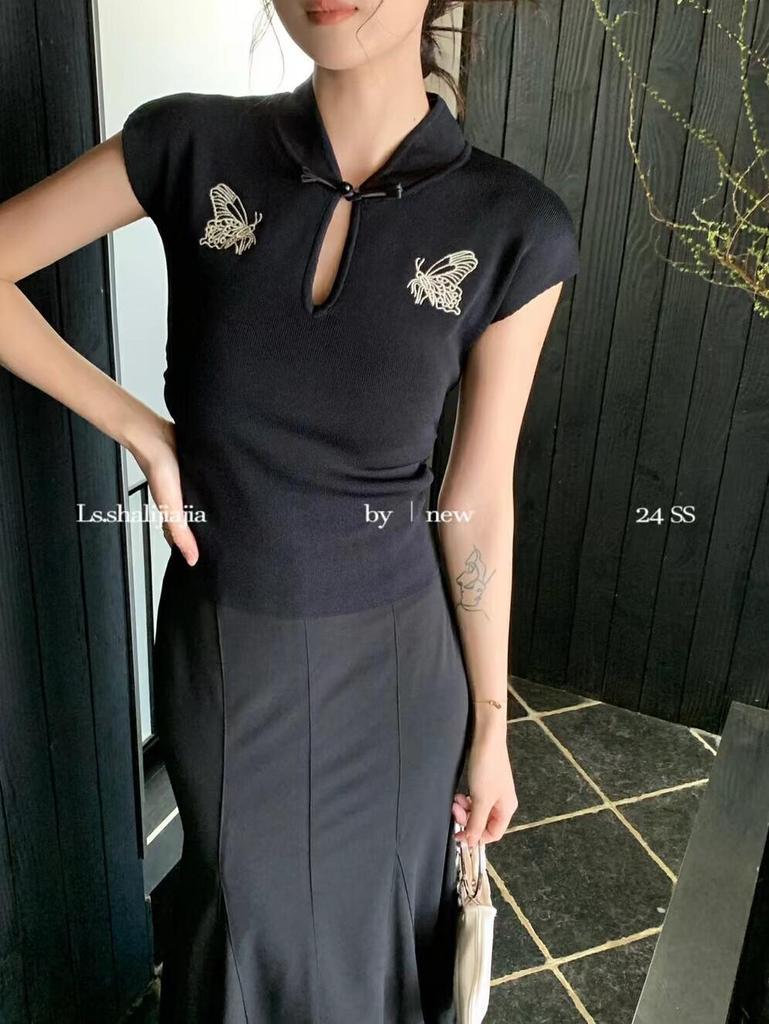 Женская приталенная футболка с ретро-вышивкой китайских бабочек, высоким воротником и короткими рукавами