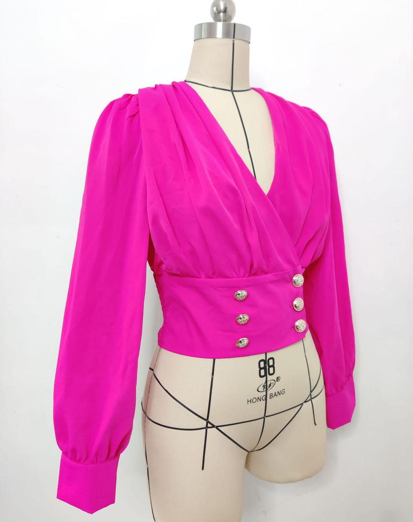 Женская сексуальная рубашка с V-образным вырезом, длинными рукавами-буфами, однотонная, короткая