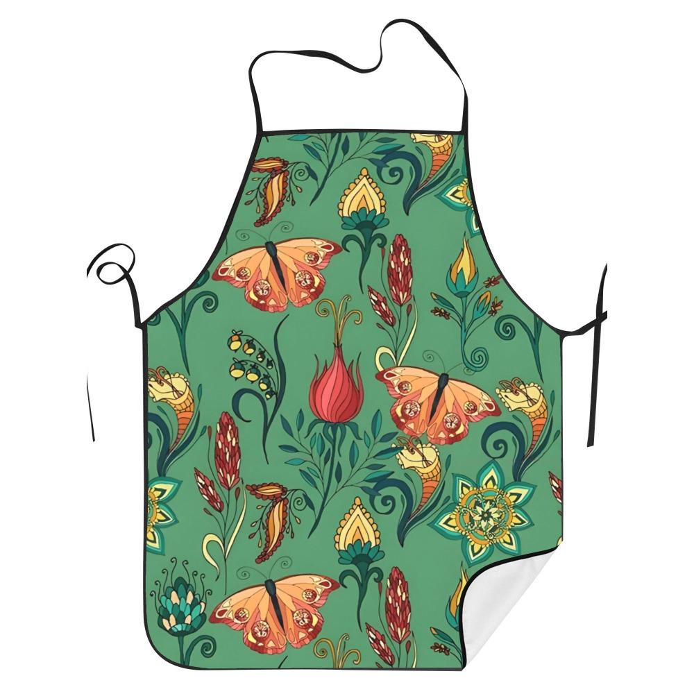 Floral Apron with a Green Background And Butterfly Print, Suitable for Home Cleaning And Cooking, Washable, And Comes with an Adjustable Waist Strap