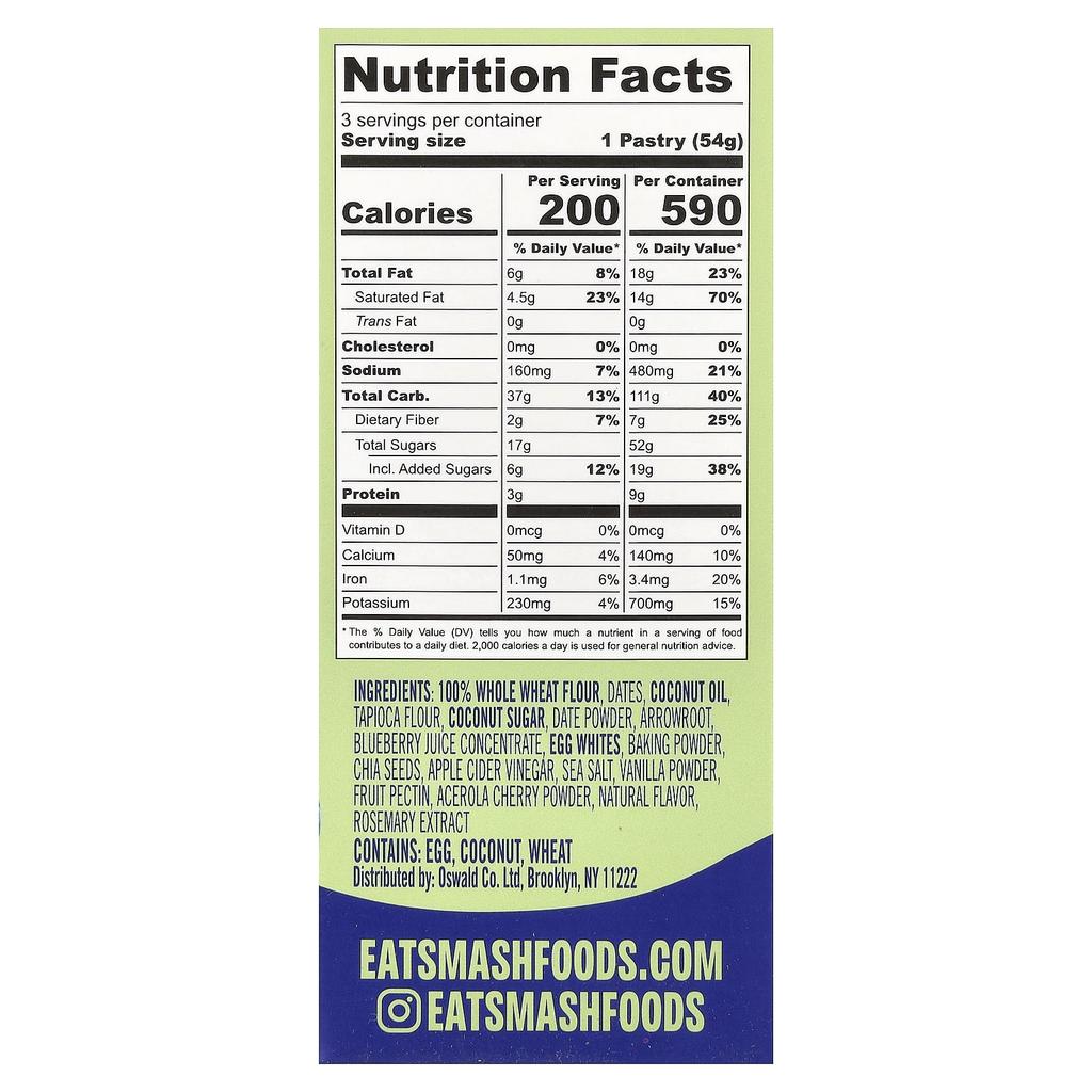 Smash Foods, Toasties™, Blueberry, 3 Pastries, 54g (1.9oz) Each