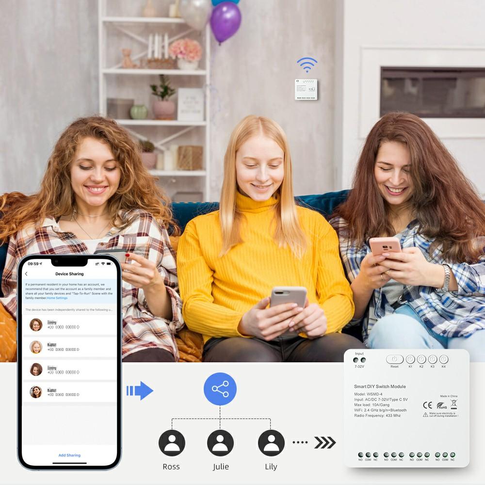 WSMD-4 Tuya Smart WiFi+RF 4-канальный релейный интеллектуальный модуль переключения Dly для дома/гаражных ворот