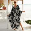 Plus Size Boho Cover Up, Women's Plus Painting Print Bat Sleeve V Neck Split Hem Maxi Cover Up Dress