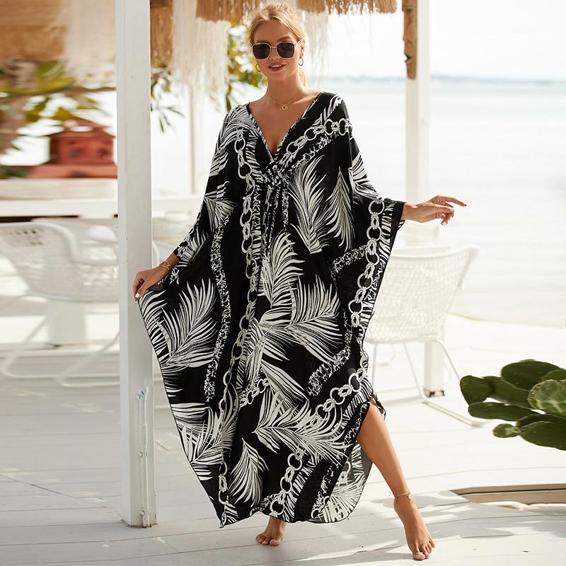 Plus Size Boho Cover Up, Women's Plus Painting Print Bat Sleeve V Neck Split Hem Maxi Cover Up Dress