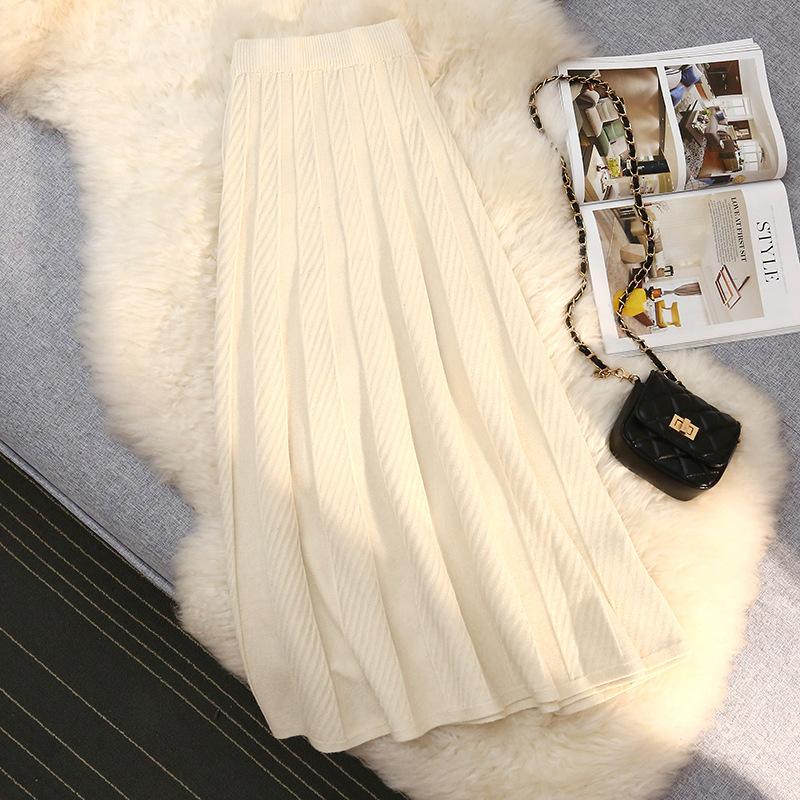 Женская осень-зима элегантная однотонная трикотажная длинная юбка толстые юбки с высокой талией женские дикие юбки-плиссировки А-силуэта