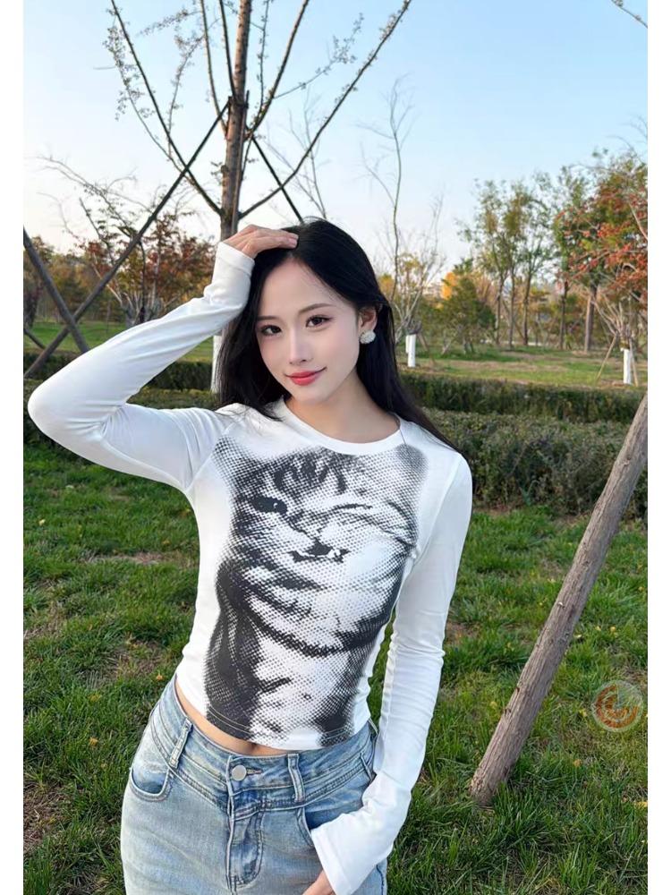 Укороченный топ с принтом «Мозаика кота» в стиле Харадзюку, повседневные базовые футболки с длинным рукавом, облегающие футболки с круглым вырезом Y2K