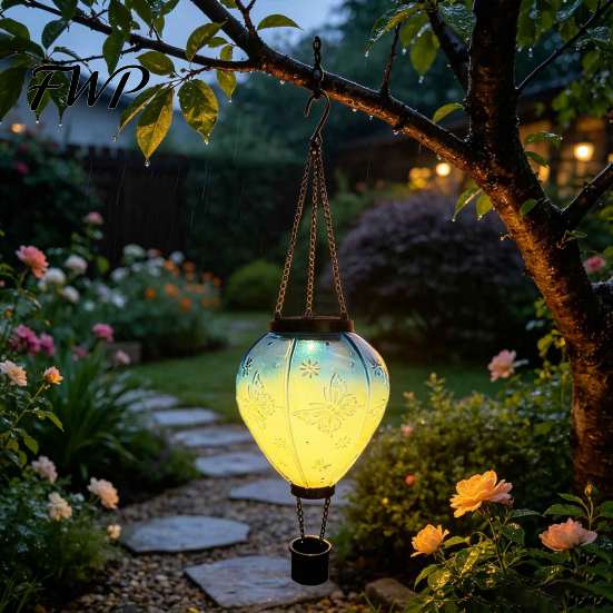 All Season Garden Accessories Butterfly Hot Air Balloon Solar Hanging Light, Waterproof Outdoor Lantern with Lights Embossed Pattern, Warm Light