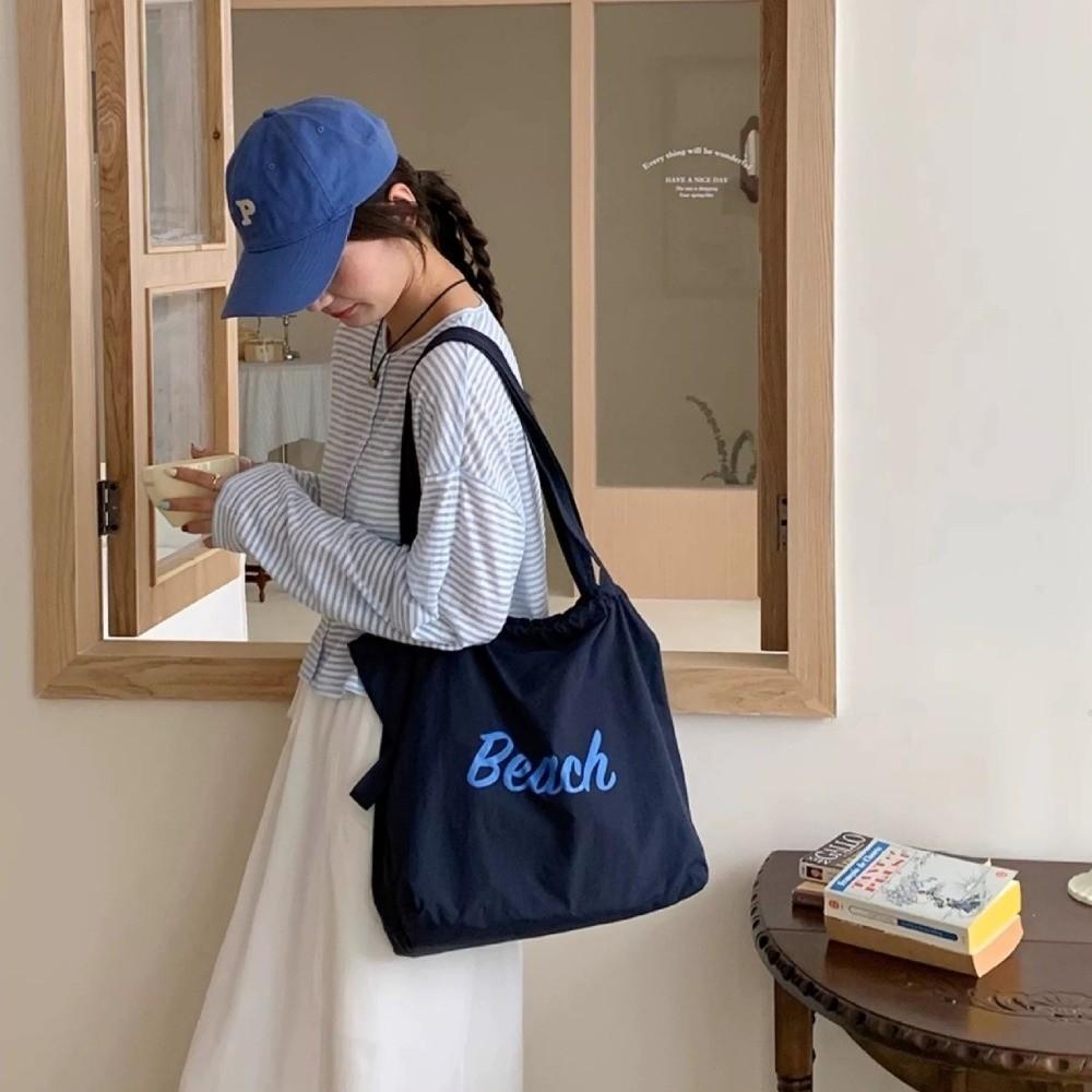 Fashion Canvas Shoulder Bag Portable Casual Handbag Large Capacity Letters Printed String Tote Bag Shopping