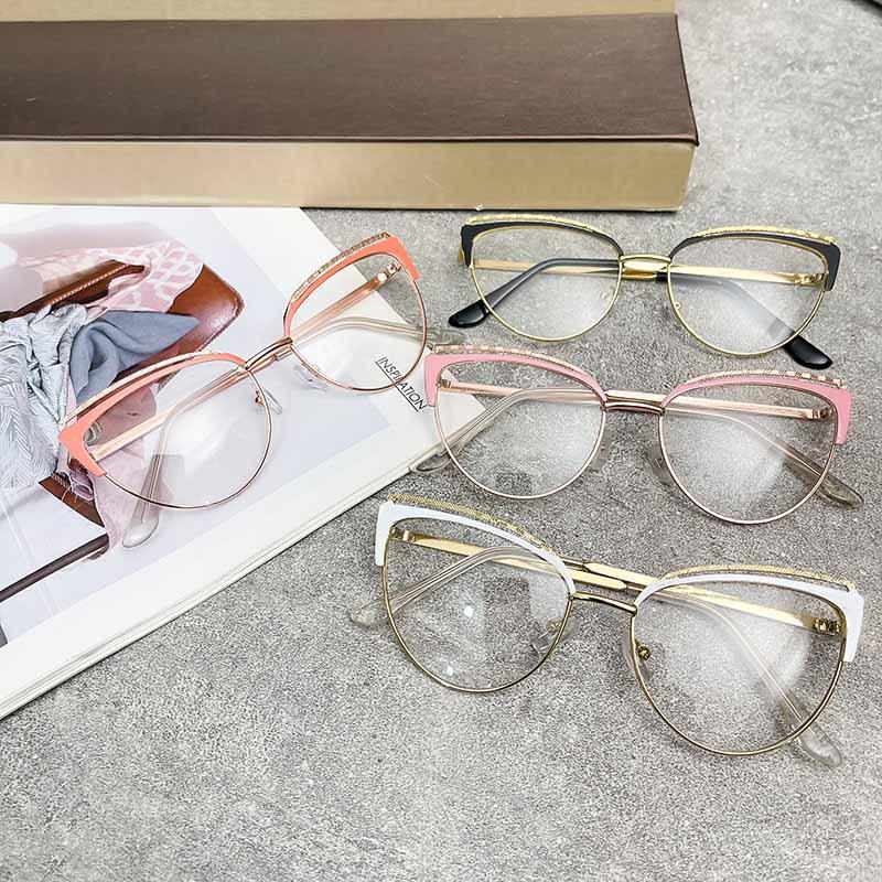 New Cat Eye Glasses Pink Frame Metal Anti Blue Light Flat Glasses Plain Brand Design Retro Myopia Women Computer Eyewear