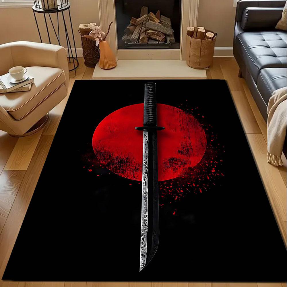 Katana Against Rising Sun Patterned carpet, non slip mat suitable for living room and bedroom sofas
