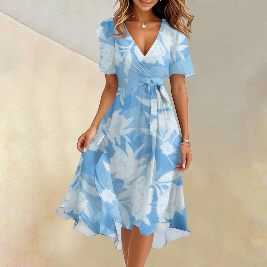 Женское летнее модное расклешенное платье с V-образным вырезом и короткими рукавами с цветочным принтом