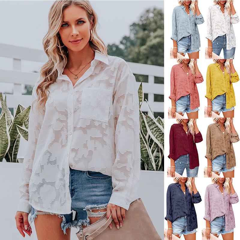 Women's Summer White Loose Lace Chiffon Blouse Long Sleeve Hollow Out Casual Button Down Shirts Fashion Ladies Breathable Daily Wear Tops
