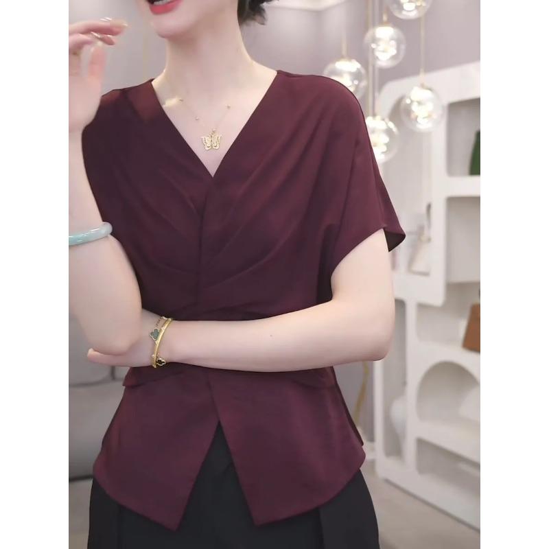 Женская футболка с коротким рукавом, летняя новинка, корейская, приталенная, плиссированная, с V-образным вырезом, темпераментная, универсальная, с открытыми плечами, однотонный топ