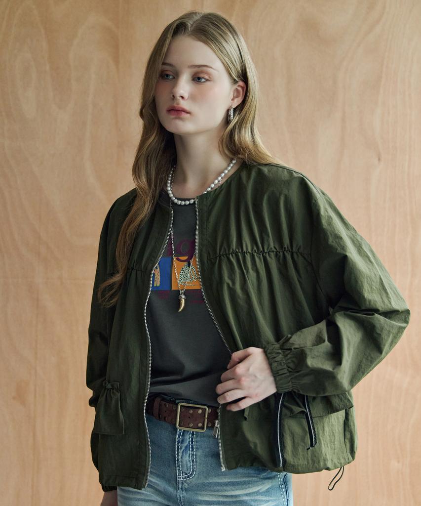 MAXZA Shirred Frill Ribbon Round Zip-Up Jumper