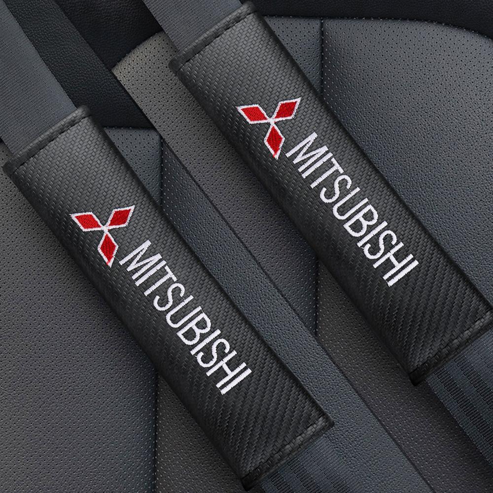 lqjn6 1/2Pcs Mitsubishi Logo Leather Seat Belt Shoulder Cover Protection Pads For X EX L200 Colt Outlander Pajero Lancer Eclipse Cross