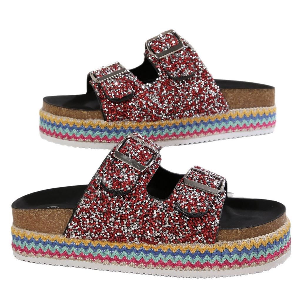 2025 Foreign Trade Slippers Fashionable Rhinestone Double Buckle One Pedal Platform Women's Beach Sandals Large Size