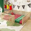 Children Bed 140 X 200cm, Ergonomic Design Baby Cot, Wooden Floor Bed Frame with Fence And Door, Wood Color