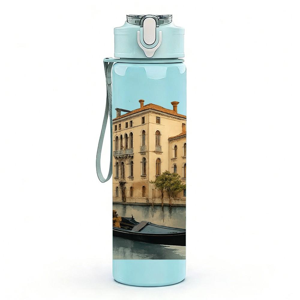 1PC Venice Canal Vintage Watercolor 750ml Color Plastic Sports Water Bottle Leakproof Flip Straw Lid For Sports Office Home Use
