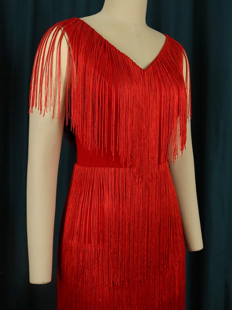 AOMEI Red Tassel Hem Dresses V Neck Sleeveless Bodycon Layered Fringe Cocktail Party Gowns Outfits Plus Size