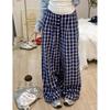 Women's Early Spring Blue Plaid Wide-Leg Floor-Length Pants