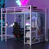 Metal Loft Bed with Ladder 140*200 cm, Junior Bed Double Bed with Table with Simple Clothes Hangers with Storage Compartments, White