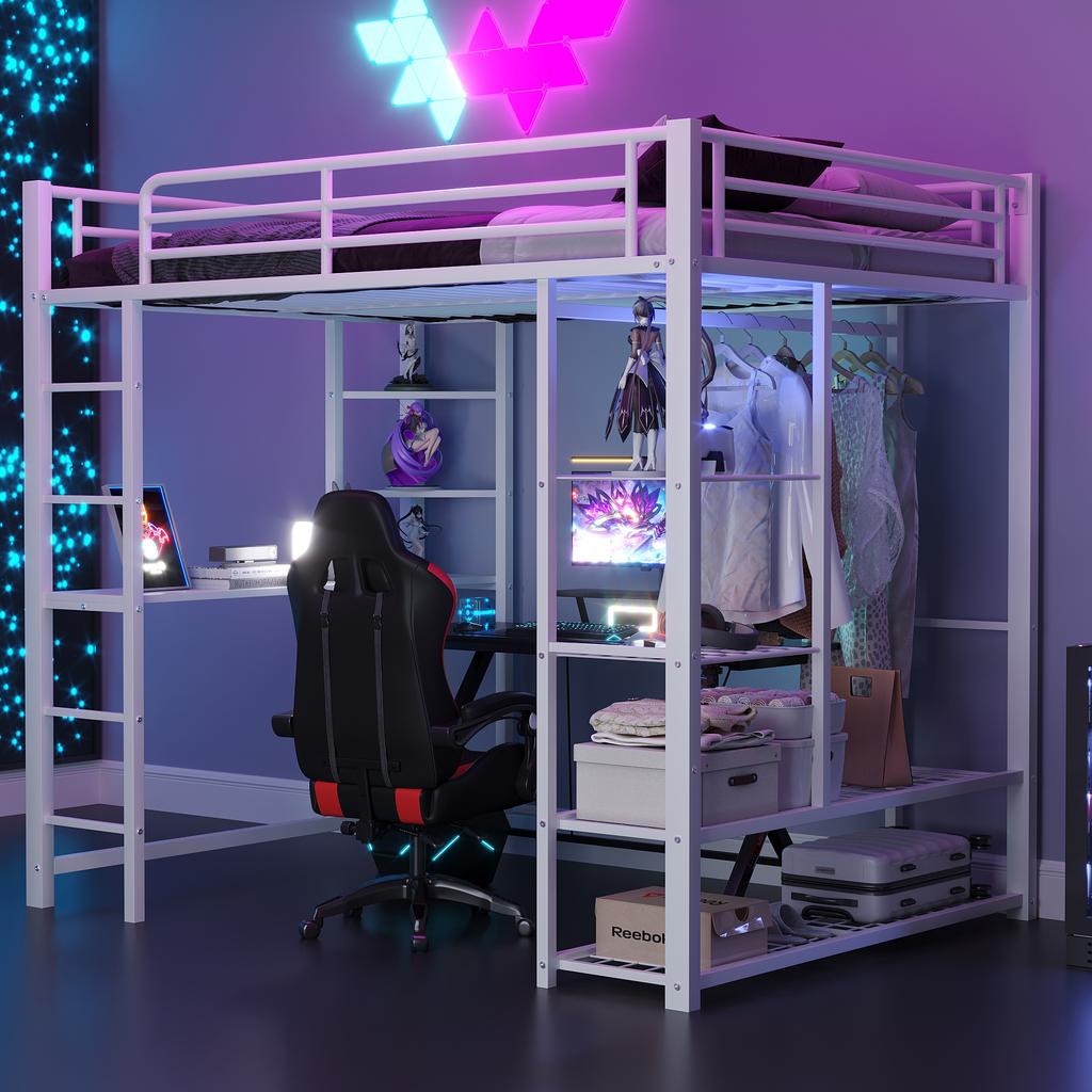 Metal Loft Bed with Ladder 140*200 cm, Junior Bed Double Bed with Table with Simple Clothes Hangers with Storage Compartments, White