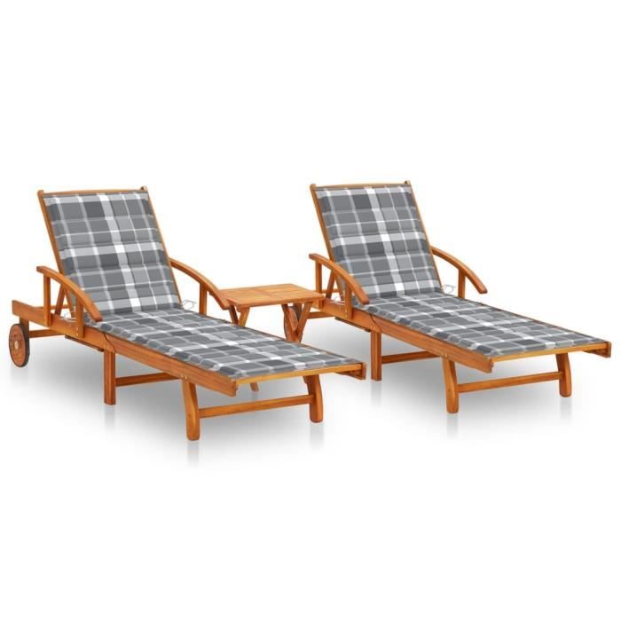 VidaXL Sun Loungers 2 Pcs with Table and Cushions Solid Acacia
