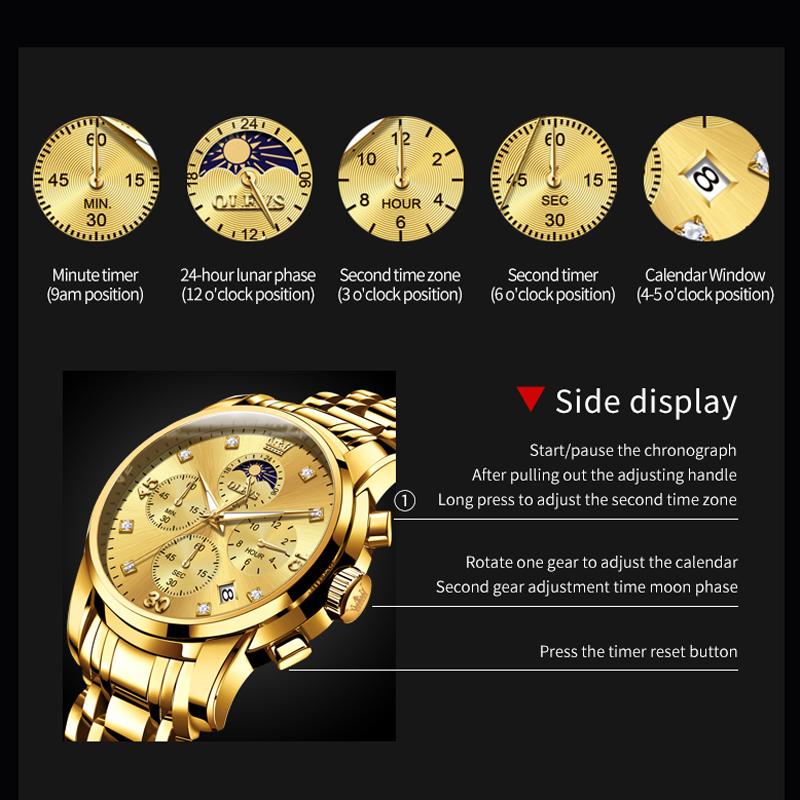 OLEVS Golden Steel Chronograph Moon Phase Mens Watches Top Brand Luxury Quartz Wrist Watches For Men Relogio Masculino