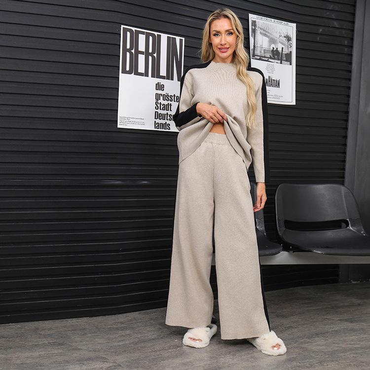 Комплект свитера с высоким воротом для женщин 2025 года, сшитые широкие брюки, модный трикотажный комплект из двух предметов