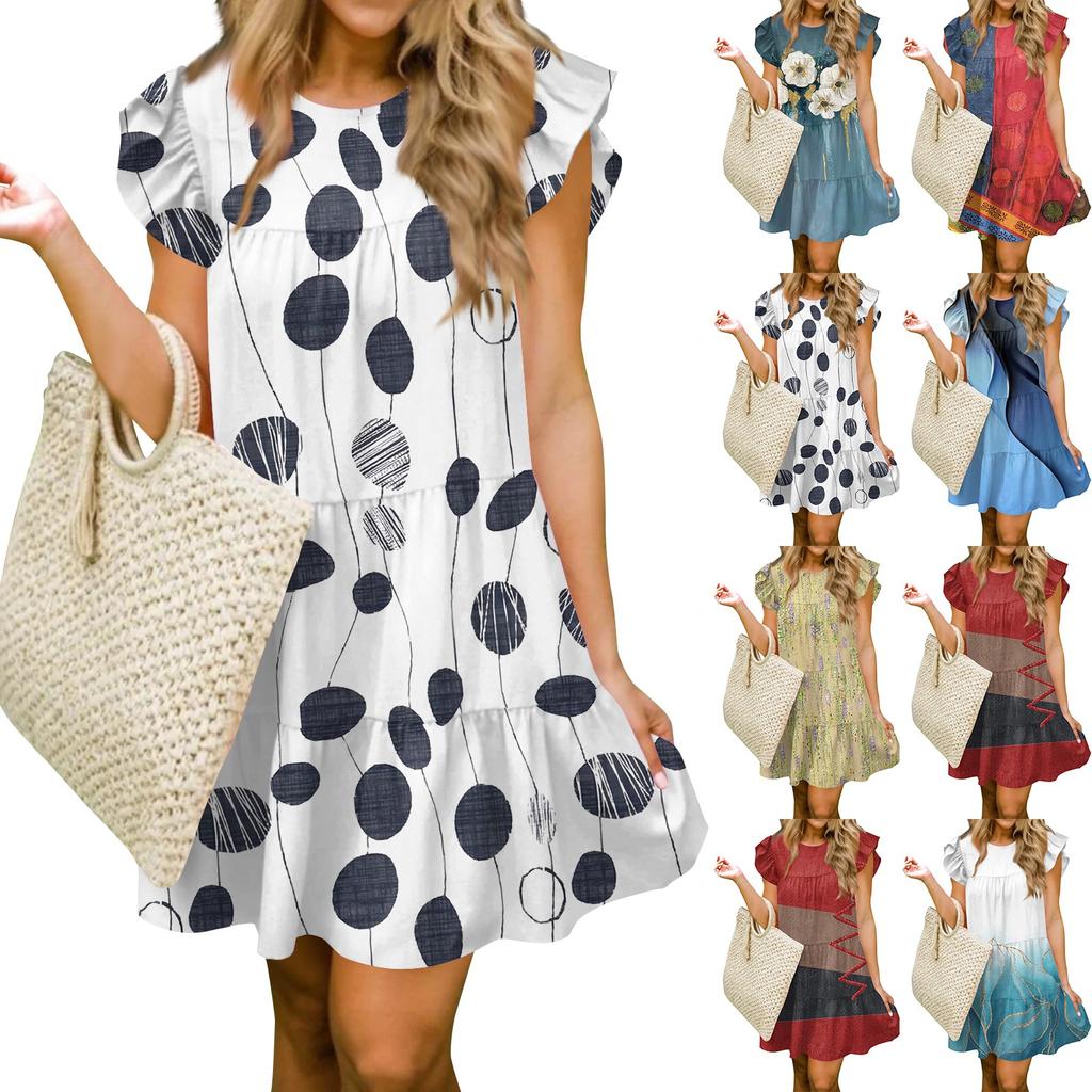 Женская мода лето повседневный О-образный вырез рукав оборки без рукавов струящаяся короткая туника платье