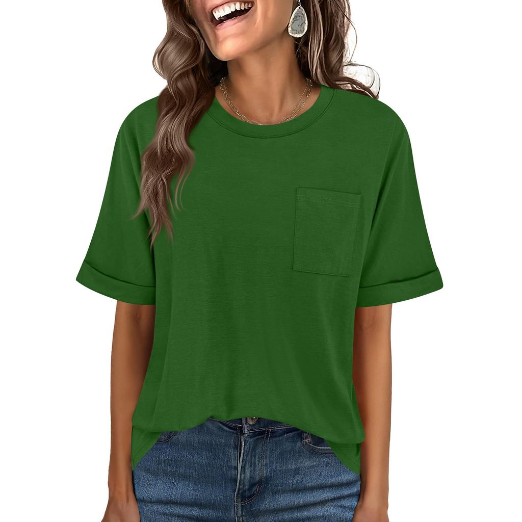 Женская повседневная свободная футболка с круглым вырезом и коротким рукавом с карманом, удобный расслабленный стиль, легкий топ для повседневной носки