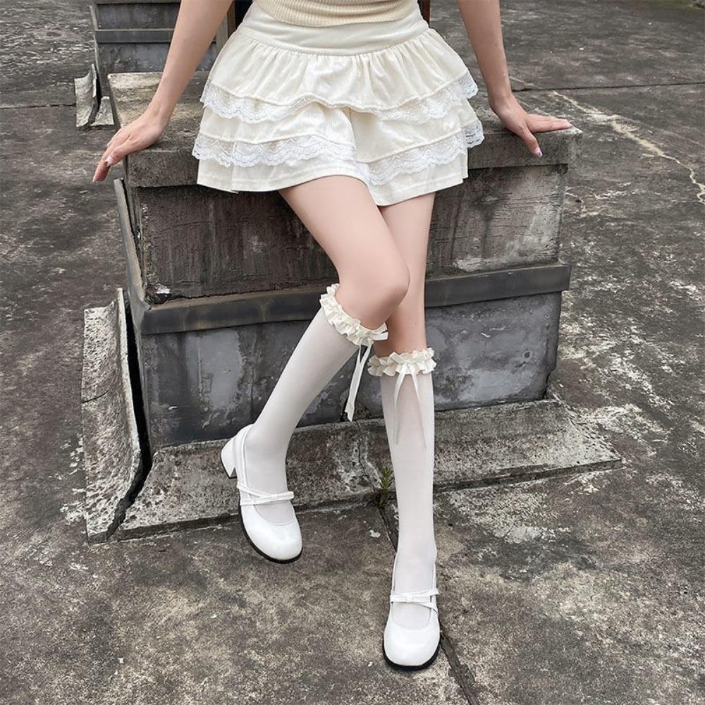 Черные чулки Hottie Pure Wind выше колена, милые кружевные чулки Lolita JK, милые носки с бантом для теленка