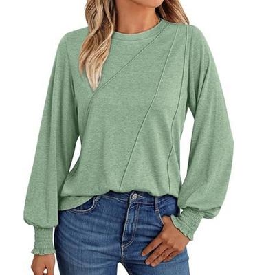 Женская рубашка с длинными рукавами и плиссированным круглым вырезом. Осенний модный топ для женщин. Футболки женские.